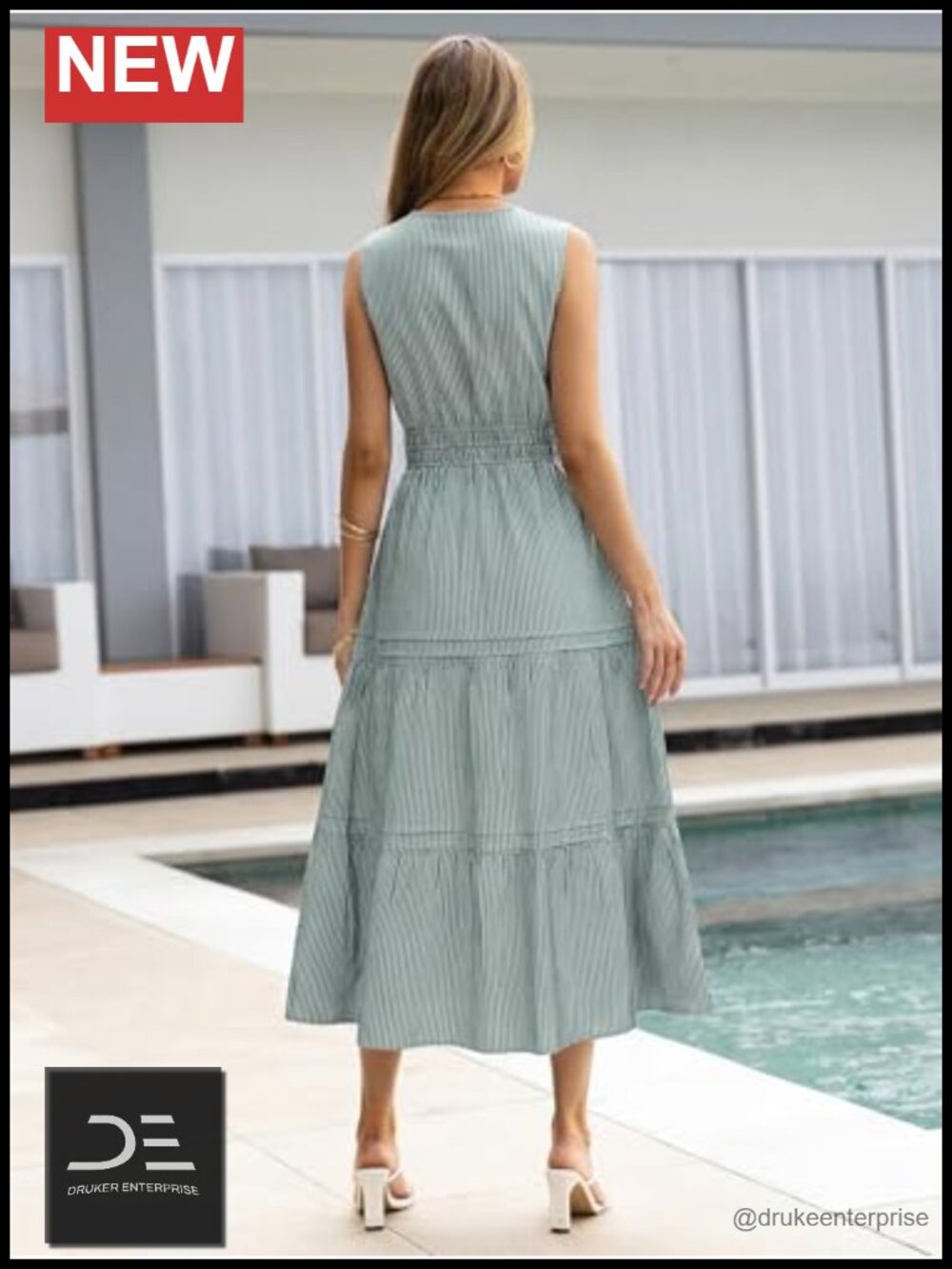Striped Maxi Dress Sleeveless Empire Waist with Pockets Cotton Blend - Picture 2 of 6